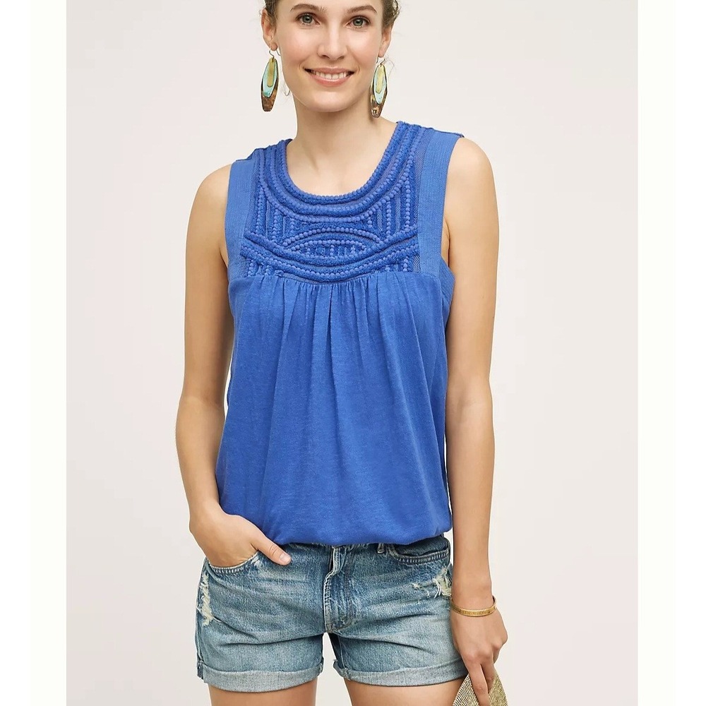 Akemi + Kin Anthropologie Blue Embroidered Boho Sleeveless Top Large OB525969